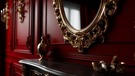a luxurious interior featuring an ornate golden mirror and decorative items on a dark surface and red wallの素材