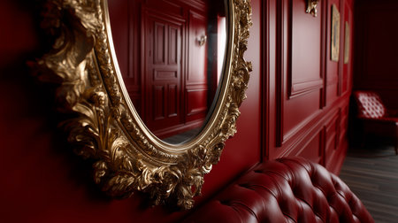 a dimly lit room with a gold ornate mirror on a red wall and a red leather couch in the foregroundの素材
