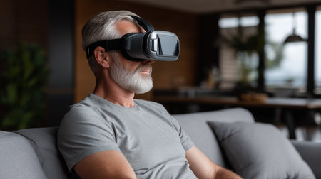 a man with gray hair on a couch wears a vr headset in his living room for a virtual experience at homeの素材