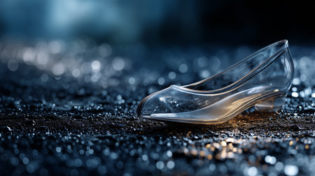 a clear glass slipper sits on a dark surface with blurred lights creating a magical and dreamlike sceneの素材