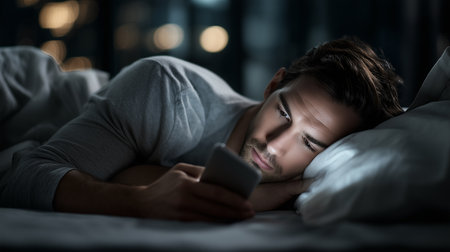 a man is lying in bed looking at his phone in a dimly lit room with a pillow and blanket at nightの素材