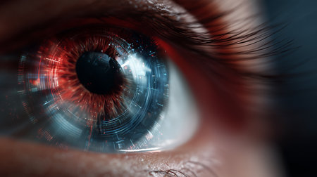 a close up of an eye with digital technology overlayed on the iris and pupil area in red and blue huesの素材