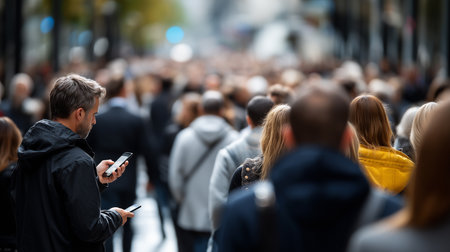 a busy city street scene with a man using his phone in a dense crowd of people walking in the centerの素材