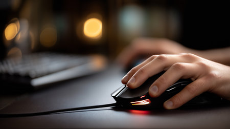a close up of hands on a gaming mouse with a keyboard in the background and a dark surface below itの素材