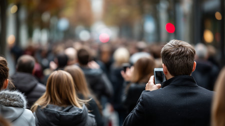 a crowded street with a man taking a picture with his phone in a blurred outdoor urban environmentの素材