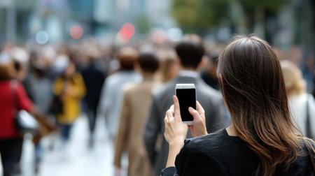 a woman captures a photo of a crowd with her smartphone in a bustling city street from a rear perspectiveの素材