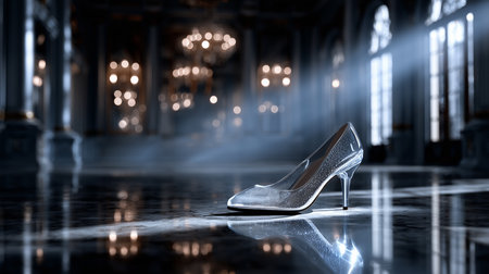 a single glass slipper is placed on a reflective floor in a large grand hall with lights and windowsの素材