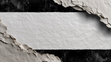 a textured white surface with torn edges is set against a dark textured background creating a blank spaceの素材