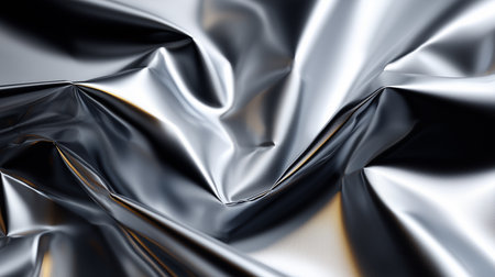 a close up of crumpled silver foil with light reflecting and shadows creating a metallic abstract textureの素材