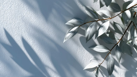 a branch with leaves casts shadows on a textured white wall creating a minimal and bright scene indoorsの素材