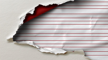 a torn piece of paper reveals lined paper with red lines and a red background in the corner areaの素材