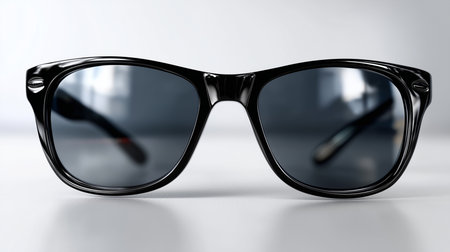 a pair of black framed sunglasses with dark lenses are displayed on a white surface under studio lightingの素材