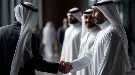 a group of arab men in traditional clothing are shaking hands in a business setting with others standing byの素材