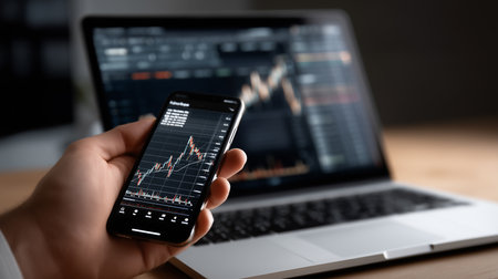 a hand holds a phone showing stock charts, with a laptop in the background, on a wooden desk surfaceの素材