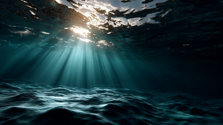 sunlight streams through the ocean water illuminating the seabed with a deep blue hue underwater viewの素材