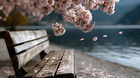a peaceful scene with a wooden bench under cherry blossoms by the water, petals gently falling down now.の素材