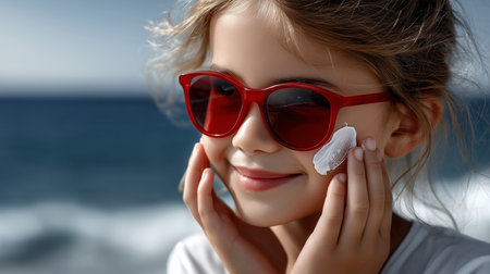 A young girl with red sunglasses applies sunscreen on her face, protecting her skin near the ocean water.の素材