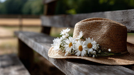 A straw hat with daisies rests on a wooden bench, evoking a sense of peaceful summer days in the countryside.の素材