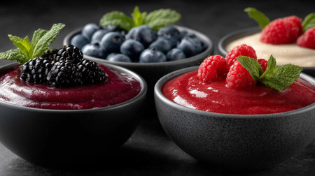 A close-up of bowls with fruit purees, topped with fresh berries and mint leaves against a dark background.の素材