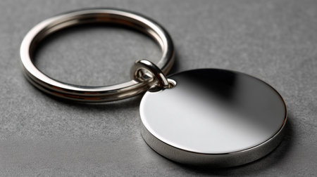 A close-up of a silver keychain with a round tag, set against a textured gray surface under bright light.の素材