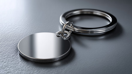 A close-up of a silver keychain with a circular tag, reflecting light on a textured gray surface.の素材