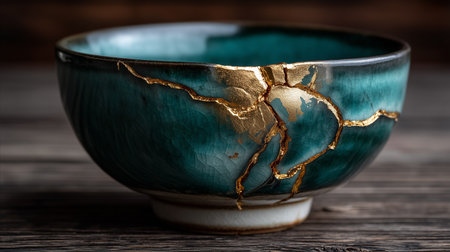 A teal ceramic bowl repaired with gold kintsugi, showcasing the beauty of imperfection on a wood surface.の素材