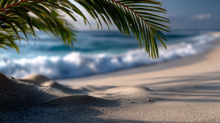 A serene beach view with palm leaves, soft sand, and gentle ocean waves creating a peaceful, tropical escape.の素材