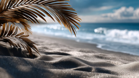 A serene beach scene featuring palm fronds, textured sand, and ocean waves under a bright sky. Blissful.の素材