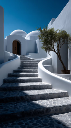 A beautiful view of white buildings, stone stairs, and a small tree under a bright blue sky on a sunny day.の素材