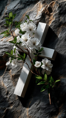 A silver cross decorated with white flowers and green leaves remains on a textured rock surface in soft lighting.の素材
