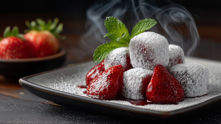 A delectable dessert featuring strawberries and powdered treats, garnished with a fresh mint leaf.の素材