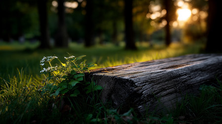 A tranquil forest scene with a weathered log, wildflowers, and sunlight filtering through the trees.の素材