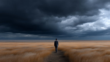 a man in a suit walks through a field under a stormy sky, creating a sense of isolation and vastnessの素材