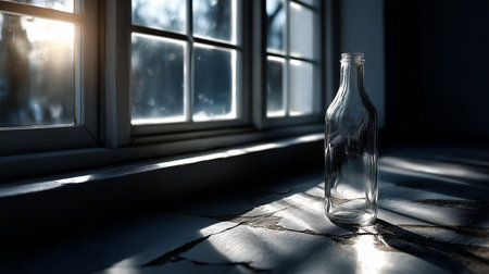 a clear glass bottle sits in front of a window with sunlight creating shadows and reflections around itの素材