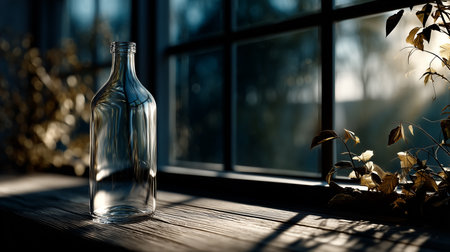 a clear glass bottle sits on a wooden surface with sunlight streaming through a window behind it.の素材