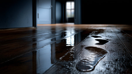watery footprints trail across a glossy wood floor in a dark room towards a doorway with light beyondの素材