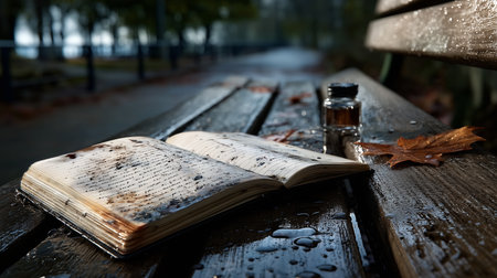 a wet wooden bench with an open book, a small bottle, and an autumn leaf in an outdoor park settingの素材