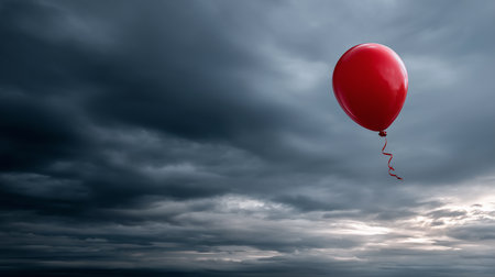 a red balloon floats in the sky against dark and dramatic clouds, with a touch of sunlight below itの素材