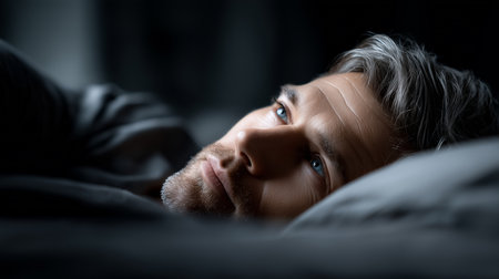 a man lies awake in bed in the dark, his eyes open and thoughtful, looking up into the darkness above himの素材