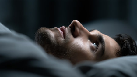 a close up of a man lying in bed looking up in a dark room with soft lighting and a dark blanketの素材