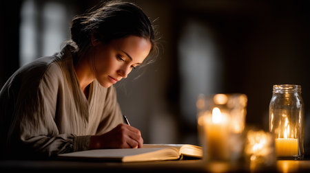 a woman intentionally writes in a book by candlelight, creating a cozy and contemplative atmosphere indoorsの素材