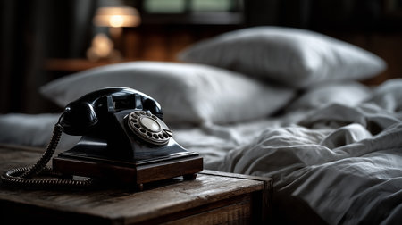 a vintage telephone sits on a wooden nightstand next to a bed with white pillows and crumpled sheetsの素材