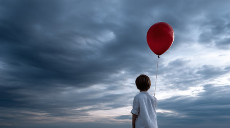a young boy stands with a red balloon against a dramatic sky, evoking feelings of hope and contemplationの素材