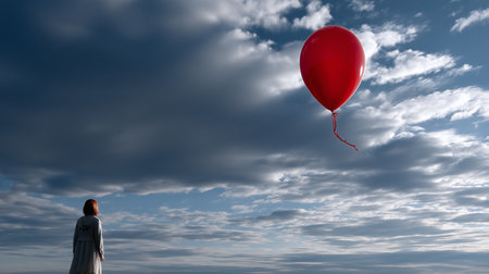 a woman gazes at a red balloon against a dramatic cloudy sky, evoking feelings of hope and solitude.の素材