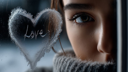 a woman gazes at love written on a frosted heart on glass, a close up, soft focus, dreamy winter sceneの素材