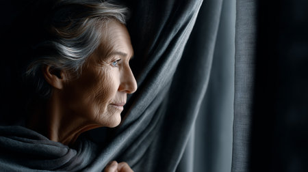 a serene elderly woman gazes out a window, her gray hair illuminated by soft light in a dimly lit roomの素材