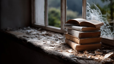 a stack of old books sits on a dusty windowsill beside a broken window with trees visible outsideの素材