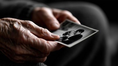 an elderly person is holding a black and white photograph of a couple, evoking a sense of nostalgiaの素材
