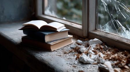 a stack of books sits by a broken window with shattered glass and debris in soft natural light indoorsの素材