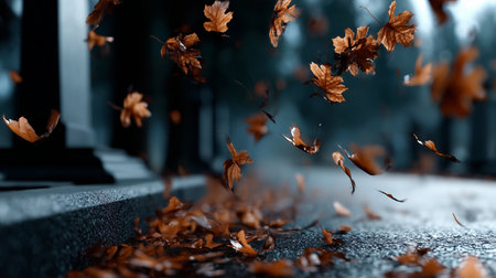 autumn leaves falling on a wet street, creating a moody and dynamic seasonal atmosphere on a dark dayの素材